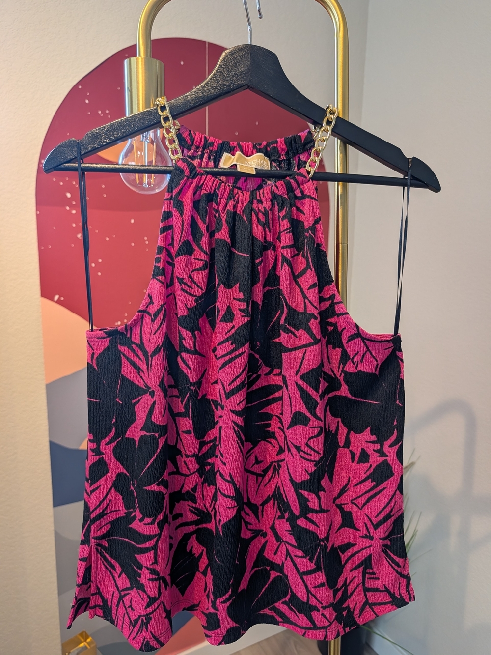 Michael Kors Black and Pink Floral Smocked Halter Top